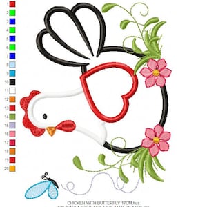 May include: Embroidered design of a white chicken with red accents, a black tail, and a red beak. The chicken is holding a heart-shaped frame with a blue butterfly and pink flowers. The design is 17 cm wide and includes 13 colors.