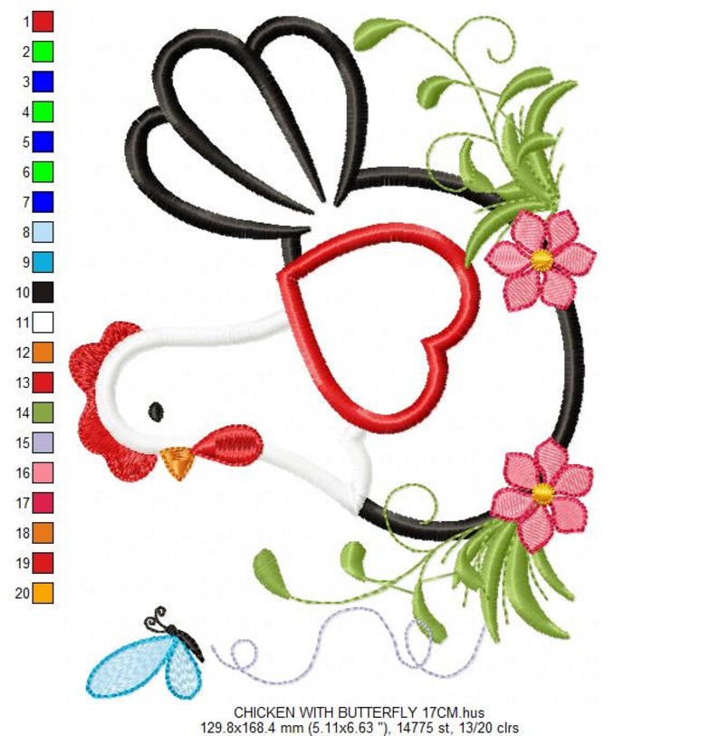May include: Embroidered design of a white chicken with red accents, a black tail, and a red beak. The chicken is holding a heart-shaped frame with a blue butterfly and pink flowers. The design is 17 cm wide and includes 13 colors.