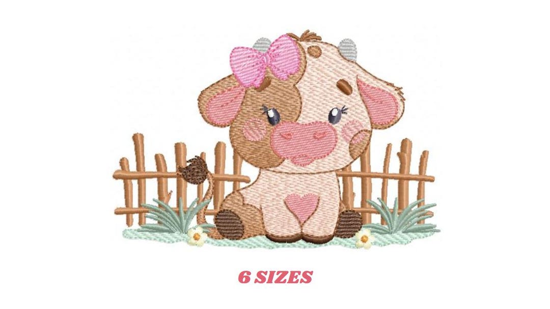 Cow With Bow Lace Embroidery Design - Farm Animal Ranch Machine
