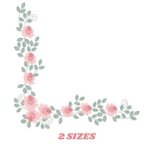 Może przedstawiać: Wzór narożny z różowymi różami i zielonymi liśćmi. Wzór dostępny w dwóch rozmiarach. 2 ROZMIARY.