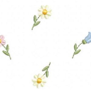 May include: Embroidered floral design featuring scattered flowers in pink, white, and light blue. Each flower has a yellow center and green stem with leaves. The design is on a white background.