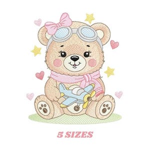 Pilot Bear Embroidery Design, Baby Girl Airplane Applique (Instant Download)