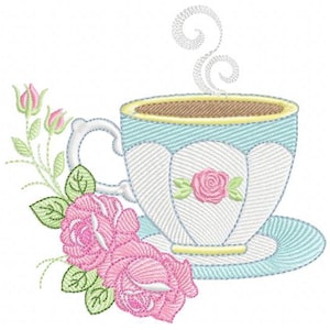 May include: A white teacup and saucer with blue trim and a pink rose design. The cup is filled with brown liquid and steam is rising from it. There are pink roses with green leaves on the left side of the image.