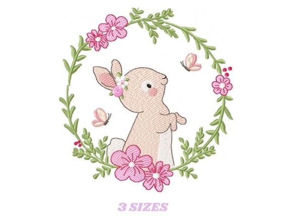 Bunny embroidery design Flower wreath embroidery designs | Etsy