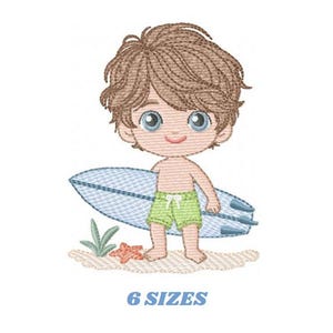 May include: An embroidered design of a cartoon surfer boy with brown hair, blue eyes, and green swim shorts, holding a blue surfboard. The design includes a starfish, plants, and the text "6 SIZES".