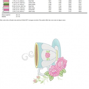 May include: A blue and white teacup with a pink rose design is embroidered on a white background. The teacup is surrounded by pink roses and green leaves. The image includes a table with a list of thread colors and their corresponding stitch counts.