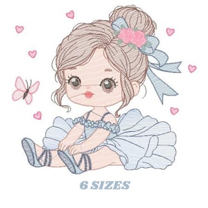 May include: Embroidered design of a little girl wearing a blue tutu and ballet shoes. She has a pink flower in her hair and a butterfly is flying nearby. The design is surrounded by pink hearts.