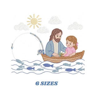 May include: Embroidered image of a man and a child in a boat fishing. The man has long brown hair and a beard, wearing a blue robe. The child wears a pink dress. The boat is on blue water with fish. A sun and clouds are in the sky. Text reads "6 SIZES".