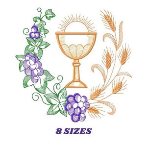 Eucharistie-Stickmuster – Katholische Kommunion, Traubenbrot, Weizenmuster (Digitaler Download)