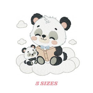 May include: Embroidered design of two pandas sitting on a cloud. The larger panda is holding a book and wearing a bow tie. The smaller panda is sitting next to the larger panda. The design is in black, white, and gray.