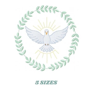 Puede incluir: Un diseño bordado que presenta una paloma blanca con las alas extendidas, rodeada por una corona de hojas verdes. La paloma está centrada sobre un estallido de rayos amarillos. El texto "5 SIZES" está debajo.