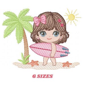 May include: Embroidered design of a cartoon girl with a pink surfboard, standing on a sandy beach with a palm tree and sun. The girl has brown hair, a pink bow, and blue eyes. The text "6 SIZES" is below the image.