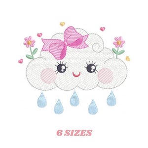 雨雲の刺繍パターン – 花、レース、笑顔のデザイン（即時ダウンロード）