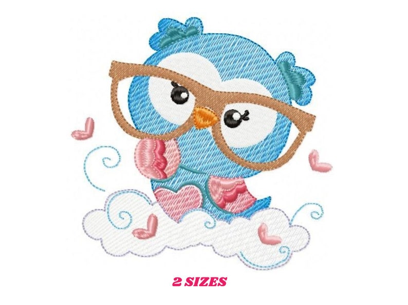 May include: Embroidered design of a blue owl wearing glasses and sitting on a cloud with pink hearts. The design is available in two sizes.