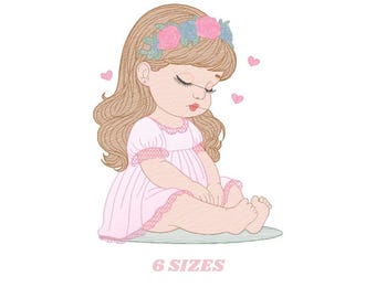 Baby girl with flowers embroidery designs - Sleeping Toddler embroidery design machine embroidery pattern - Girl with hearts - pes download