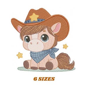 May include: Embroidered design of a cute cartoon horse wearing a brown cowboy hat with a yellow star, a blue bandana, and sitting on a green background with yellow stars.