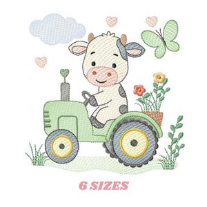 May include: An embroidered design of a cartoon cow driving a green tractor. The cow has black spots and is smiling. A green butterfly, flowers, and hearts are also included in the design. The text "6 SIZES" is at the bottom.