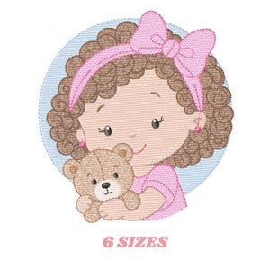 May include: A cartoon illustration of a girl with brown curly hair, wearing a pink headband with a bow and a pink dress, holding a teddy bear. The image is set against a light blue circle. Text at the bottom reads "6 SIZES".