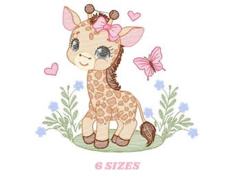Baby Girl Giraffe with flowers machine Embroidery Design, Safari Nursery Decor, Rippled Digital Download