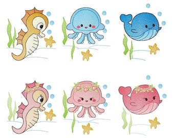 海の生き物の誕生日数字刺繍デザイン（PES/JEF形式、即時ダウンロード