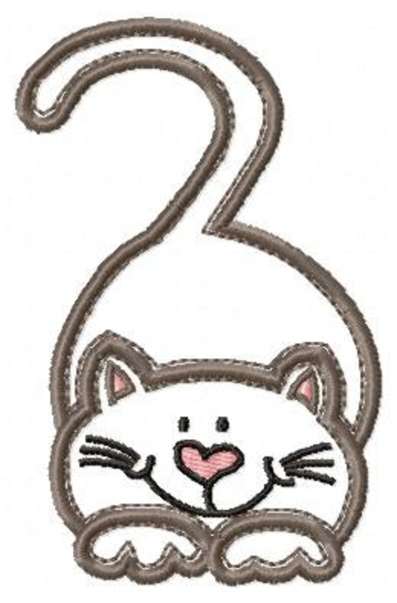 以下が含まれることがあります： 茶色の輪郭で描かれた白い猫が、尻尾を上げて丸まっています。猫の胸にはピンク色のハートがあり、茶色のひげがあります。