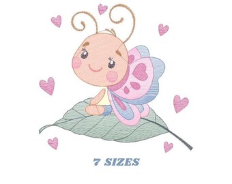 Butterfly Embroidery Design - Baby Girl with Hearts (Digital Download)