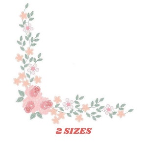 May include: An embroidery pattern featuring pink and peach flowers with green leaves, designed for a corner. The design includes the text "2 SIZES".