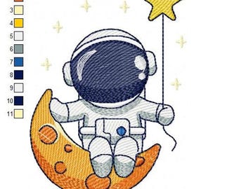 月面宇宙飛行士の刺繍デザイン – 男の子向けパターン（即時