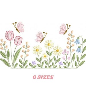 May include: Embroidered floral design featuring pink tulips, daisies, and bluebell flowers with butterflies. The design includes green leaves and stems, with the text "6 SIZES" in pink.