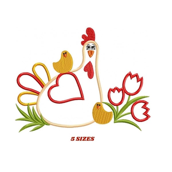 Diseño de bordado de gallina con flores – Aplicación de animal de granja (Descarga digital)