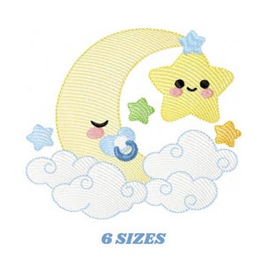 Pode incluir: Uma lua amarela em forma de crescente com uma chupeta e os olhos fechados, uma estrela amarela com um rosto sorridente e nuvens brancas. O design é bordado e vem em 6 tamanhos.