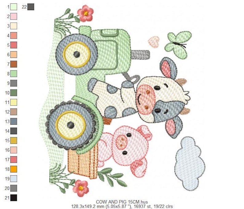 K&ouml;nnte beinhalten: Ein gesticktes Design mit einem gr&uuml;nen Traktor, einer Kuh mit schwarzen Flecken und einem rosa Schwein. Ein Schmetterling und Blumen sind ebenfalls im Design enthalten. Der Text "COW AND PIG 15CM" befindet sich unten. Das Design misst 128,3 x 149,2 mm.