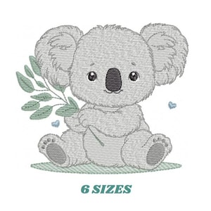 May include: An embroidered design of a grey koala bear holding a sprig of green leaves. The koala has a black nose and large, round eyes. Two small blue hearts are near the koala. The text "6 SIZES" is below the koala in teal.