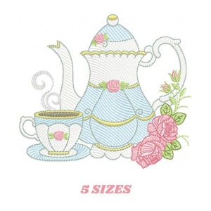 May include: Embroidered design of a blue and white teapot with a matching teacup and saucer, surrounded by pink roses and green leaves. The design includes a steam curl above the teacup.