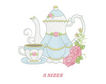 Teapot with Roses Embroidery Design – Machine Embroidery Pattern (Instant Download)
