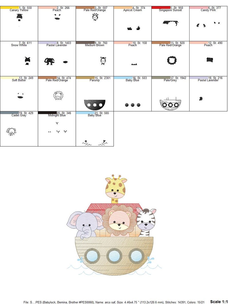 May include: An embroidered design of a cartoon giraffe, lion, elephant, and zebra riding in a wooden ark on a blue wave. The design is in shades of brown, blue, pink, yellow, and black.