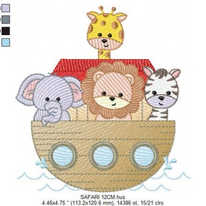 May include: A brown wooden ark with a red roof, carrying a yellow giraffe, a brown lion, and a black and white zebra. The ark is floating on blue water with white waves.