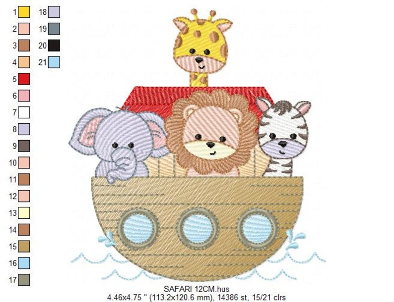 May include: A brown wooden ark with a red roof, carrying a yellow giraffe, a brown lion, and a black and white zebra. The ark is floating on blue water with white waves.