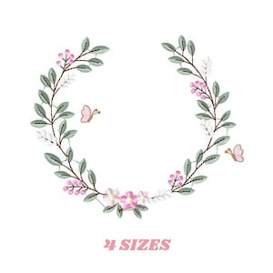 May include: A floral wreath design with green leaves, pink flowers, and butterflies. The text "4 SIZES" is displayed in pink below the wreath. The design is set against a white background.