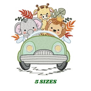 車に乗ったサファリ動物の刺繍デザイン - 象、ライオン、キリンの刺繍デザイン、機械刺繍パターン - 即時ダウンロード pes jef