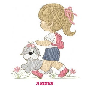 Girl Walking Dog Embroidery Pattern – Student Backpack Machine Design (Digital Download)