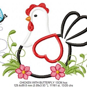 May include: Embroidered design of a white chicken with a red heart, black tail feathers, and a red comb. The chicken is sitting in a nest of green leaves and pink flowers. A blue butterfly with white wings is flying above the chicken. The design is 129.4 mm by 99.8 mm and has 11161 stitches.
