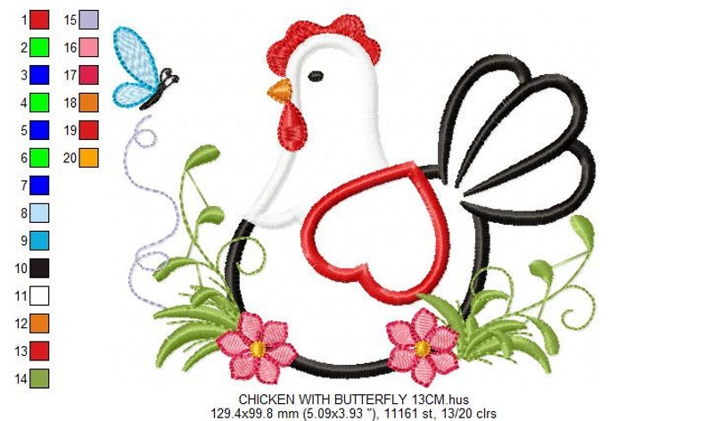 May include: Embroidered design of a white chicken with a red heart, black tail feathers, and a red comb. The chicken is sitting in a nest of green leaves and pink flowers. A blue butterfly with white wings is flying above the chicken. The design is 129.4 mm by 99.8 mm and has 11161 stitches.