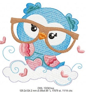 May include: A blue owl wearing brown glasses and a pink and white patterned outfit sits on a white cloud with pink hearts. The owl is 13 cm tall and has 11/14 colors.