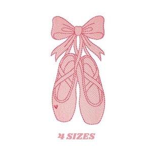 May include: Pink embroidered ballet slippers with a bow and heart detail, hanging from a bow. The text "4 SIZES" is below the slippers. The design is on a white background.