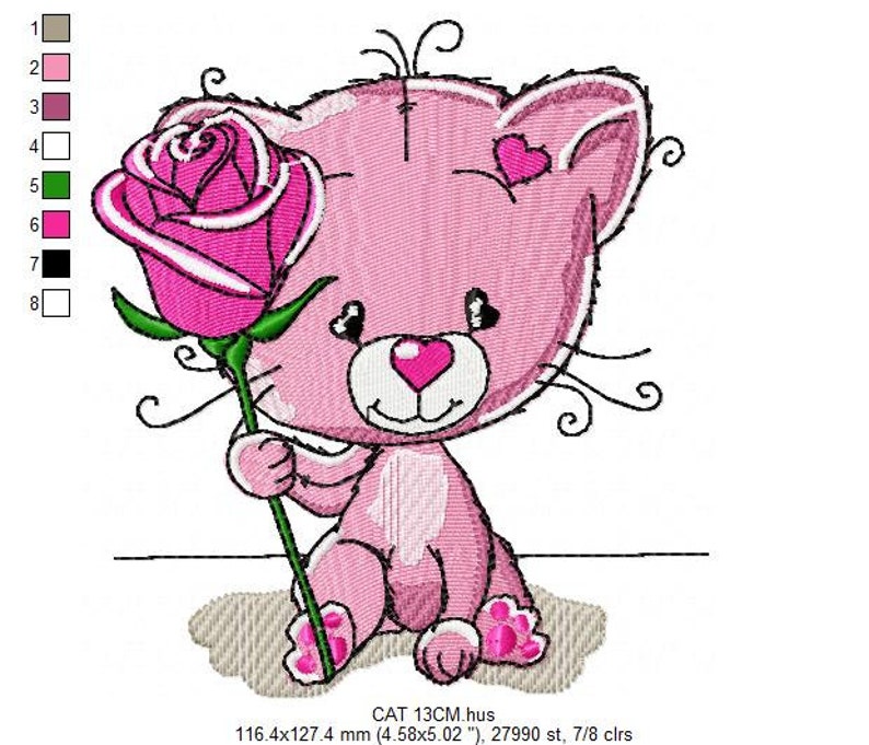 Cat Embroidery Design - Baby Girl Kitty With Rose Machine Embroidery ...
