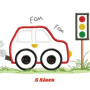 Right-facing red car with big wheels, grass border and vertical traffic light, car applique embroidery design labeled 5 sizes