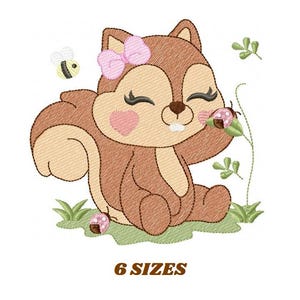 May include: A cute cartoon squirrel with a pink bow on its head is sitting on a patch of green grass. The squirrel is smiling and has its eyes closed. There are two ladybugs and a bee near the squirrel.