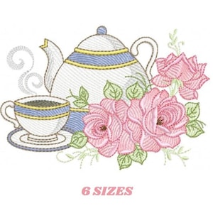 Teapot and Roses Embroidery Design – Tea Cup Machine Embroidery Pattern (Instant Download)