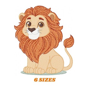 Puede incluir: Una ilustración de dibujos animados de un lindo león naranja y marrón con una gran melena sentado. El león está sonriendo y tiene grandes ojos marrones. El león está mirando hacia la izquierda.